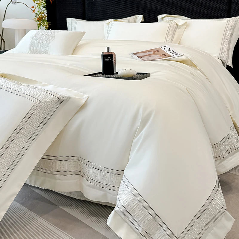 ensemble literie blanc brodé élégant 100 coton king queen size