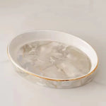 ensemble vaisselle salle bain marbre blanc gris or classique tasses poignées dorées porte brosse