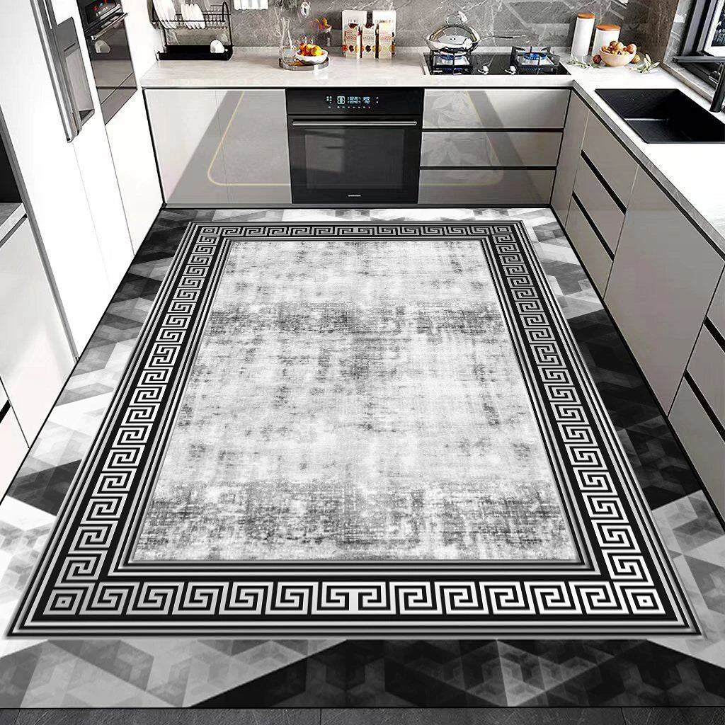 Élégant tapis décoratif avec motif grec noir et blanc dans une cuisine moderne.