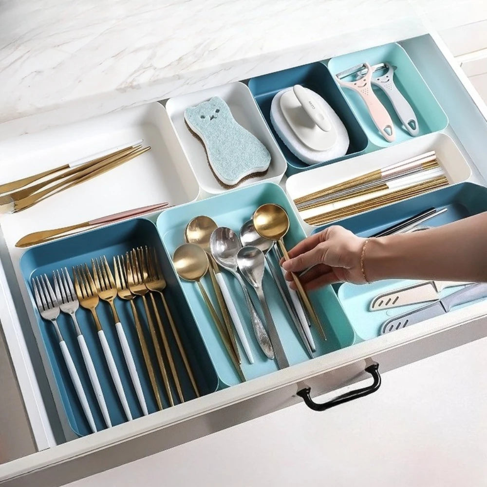 boîtes rangement réutilisables plastique moderne rose bleu blanc minimalistes multifonctionnelles cosmétiques cuillères fourchettes assiettes