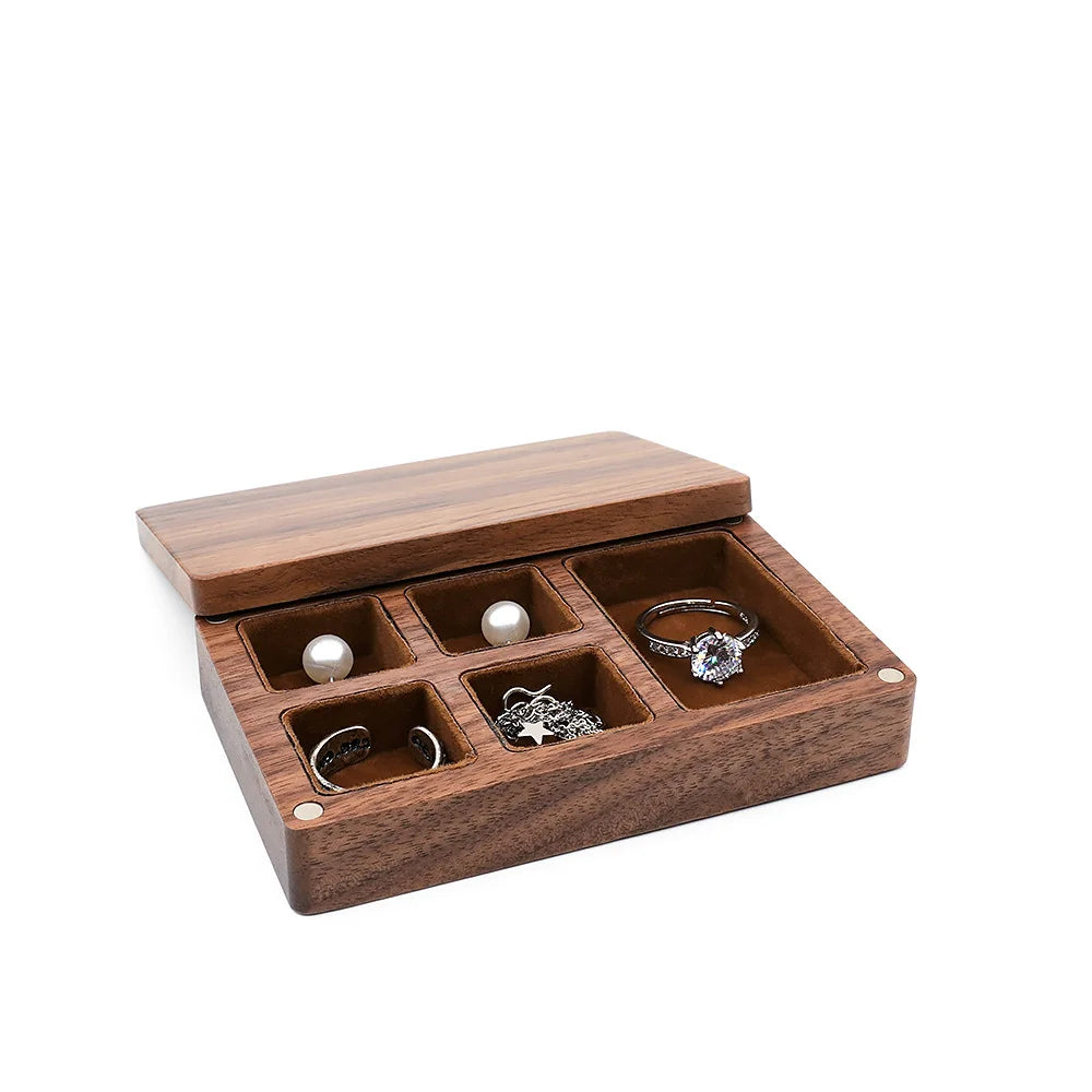 boîte bijoux bois foncé tissu intérieur moderne clips anneaux boucles d'oreilles colliers cadeau présentation