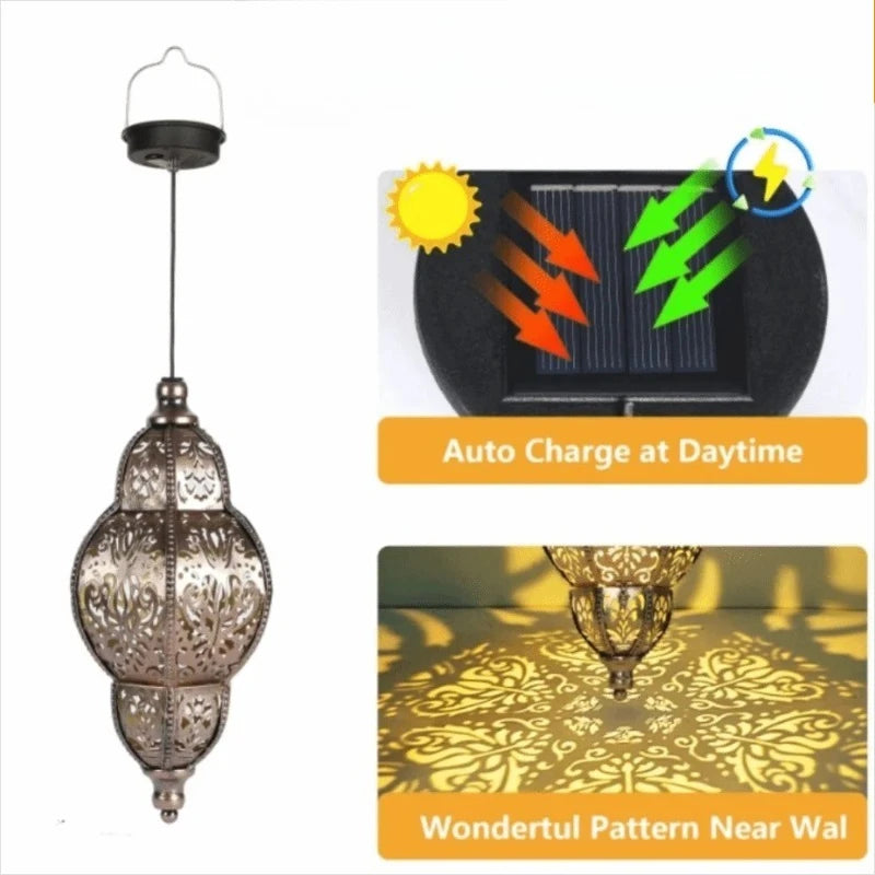 lampe suspendue dorée ornements floraux ajourée artisanale recharge solaireextérieur traditionnelle