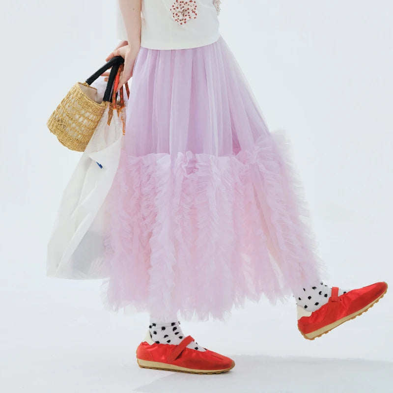 Jupe tulle rose clair élégante féminin ourlets franges translucide été femme
