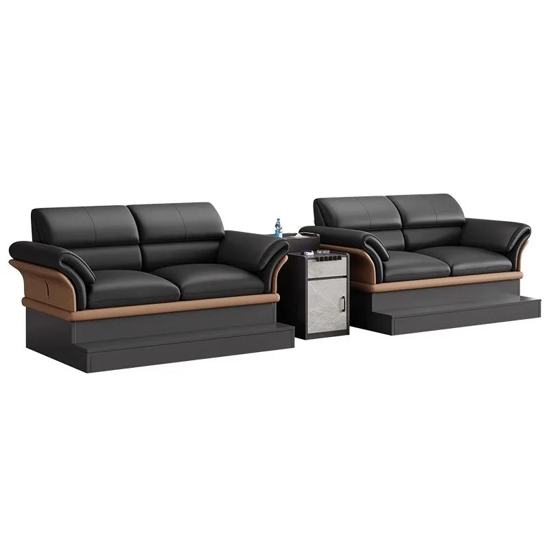 canapé moderne simili cuir noir marron clair table d'appoint intégrée forme