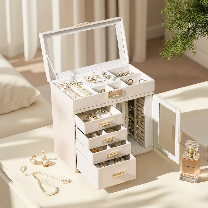 boîte bijoux simili cuir blanc moderne poignées dorées velours intérieur portable 360 degrés rotation