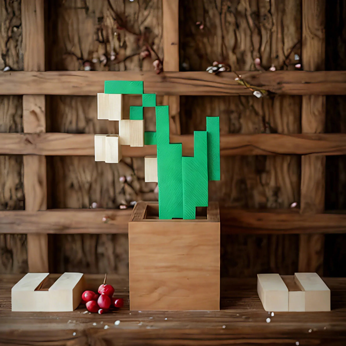 décoration intérieure cactus pixel art blocs vert blanc pot bois moderne minimaliste ludique chambre