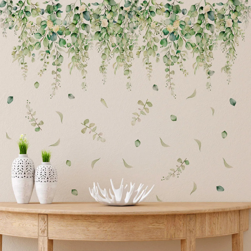 sticker mural adhésif feuilles botanique moderne naturel 71cm 88cm vert aquarelle chambre salon