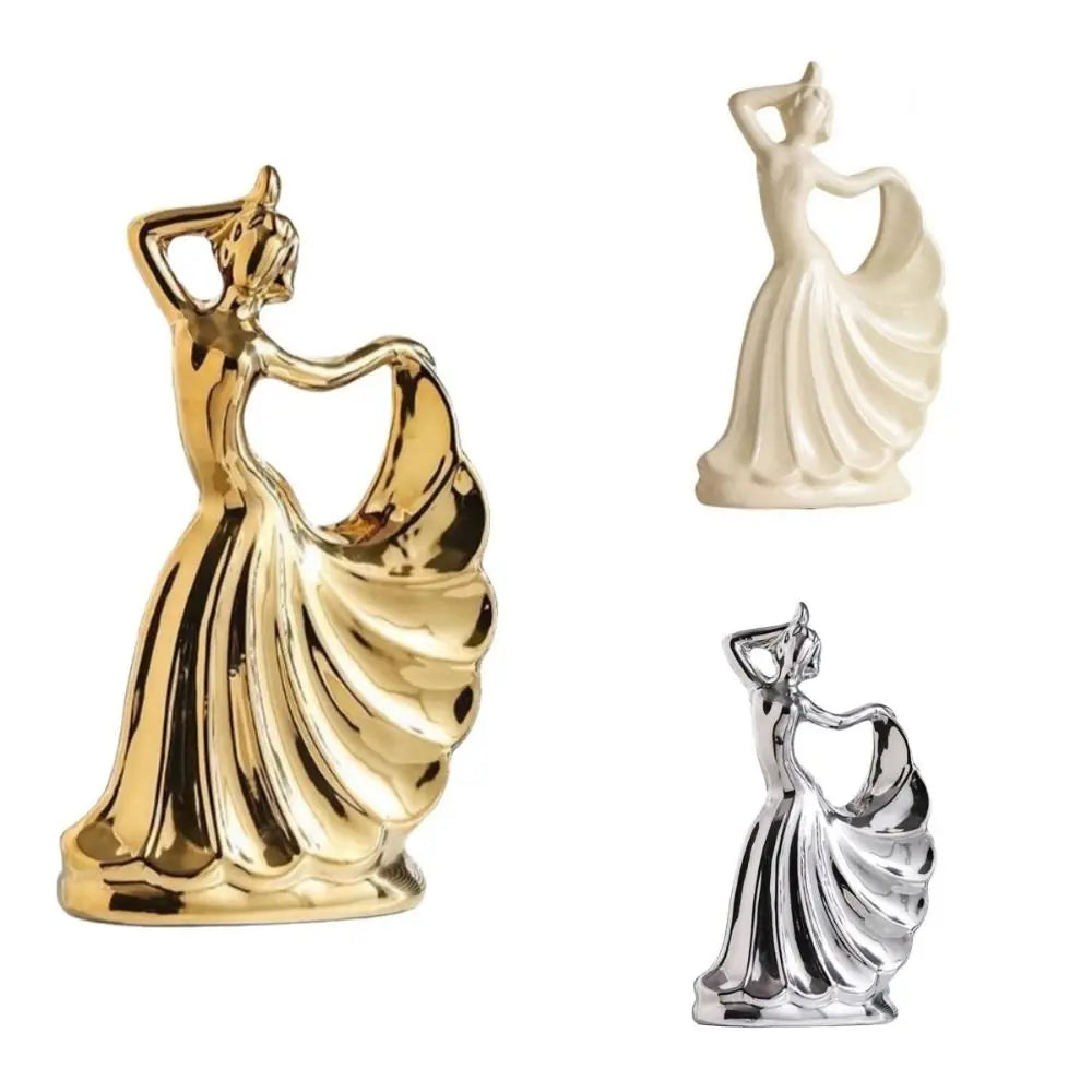 statue décorative femme dansante or argenté céramique email finition polie moderne élégante intérieur 22cm