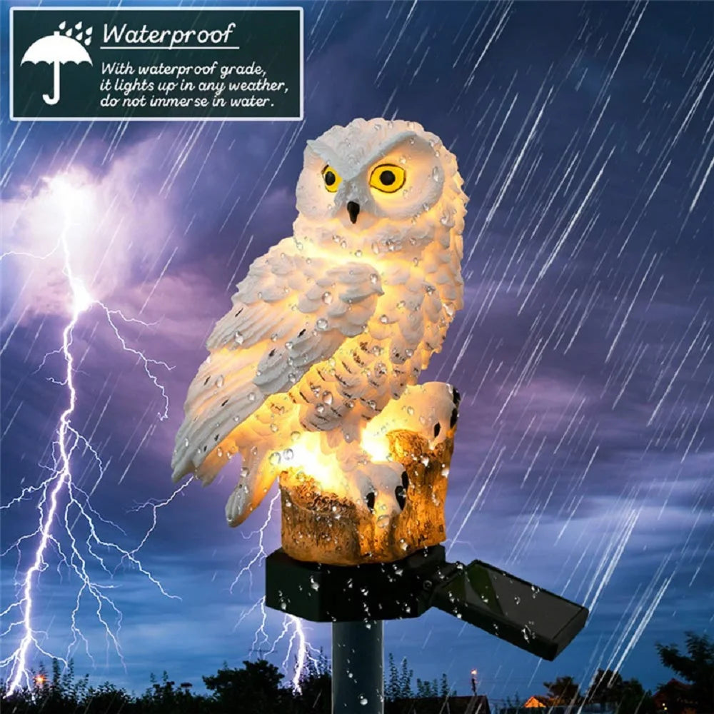 statue oiseau blanc marron plumes fine réaliste éclairage solaire led étanche ip65extérieur jardin decoration