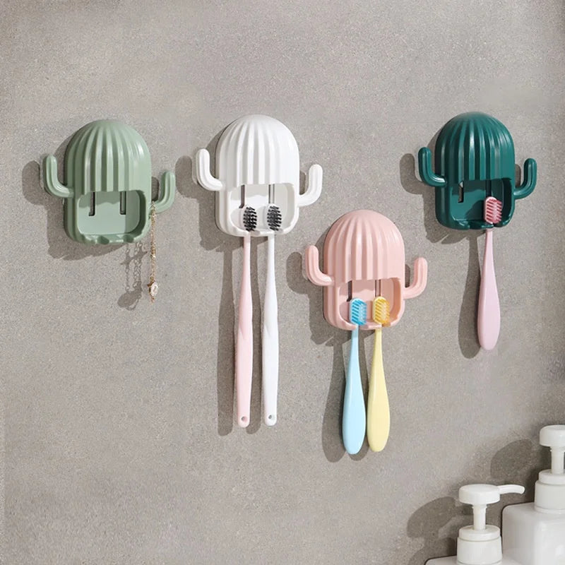 porte brosse dents cactus adhésif moderne vert blanc rose salle bains organisateur