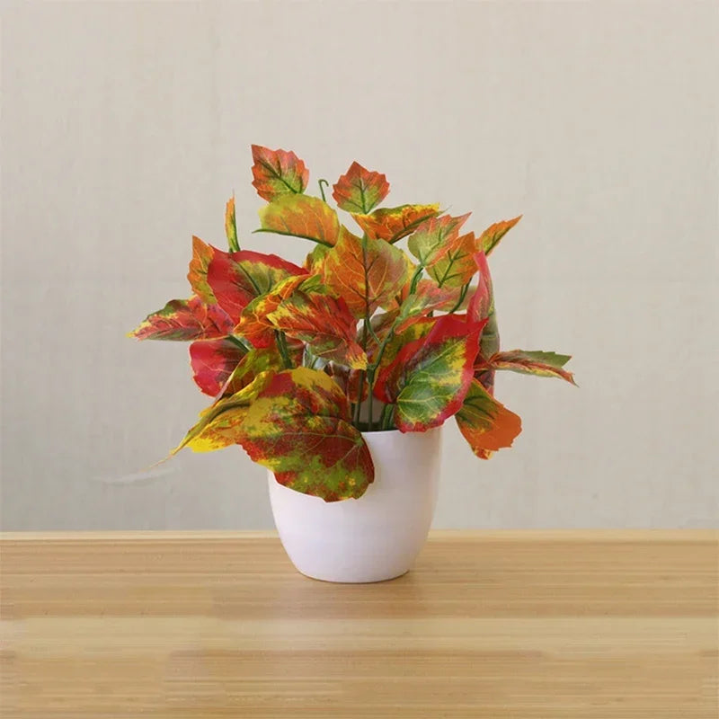 plantes artificielles bonsaï feuilles vertes rouge perilla pot blanc décoration moderne extérieur salon