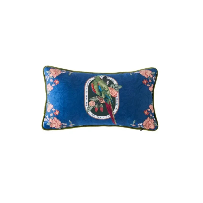 housse coussin imprimée perroquet oiseaux fleurs polyester coton lit carré vintage bleu vert rose