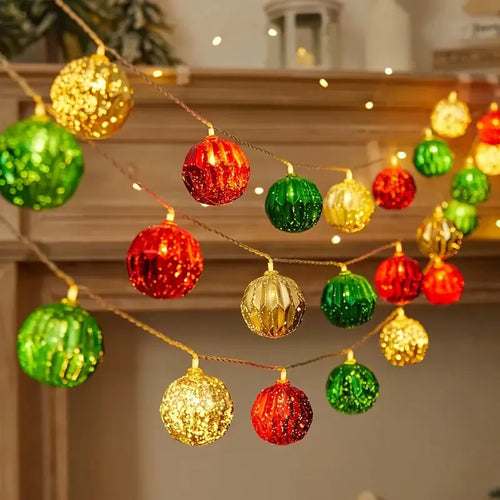 guirlande lumineuse boules noel rouge vert doré brillant strass festive extérieure intérieure 3v usb