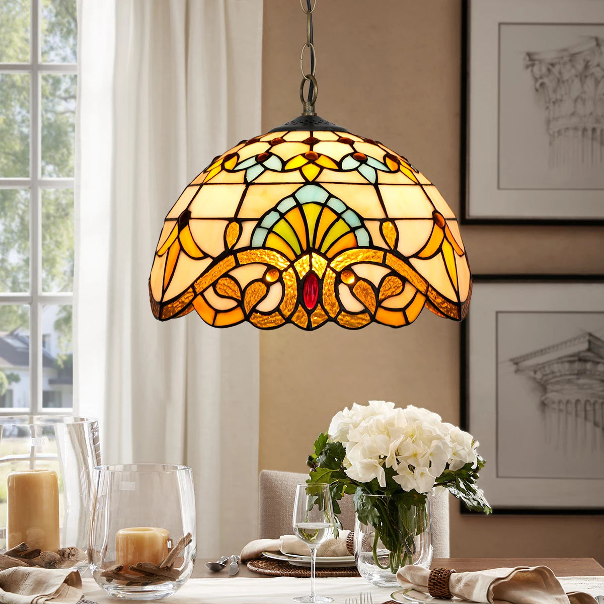 Lampe suspendue Art Nouveau verre coloré floral chambre cuisine restaurant