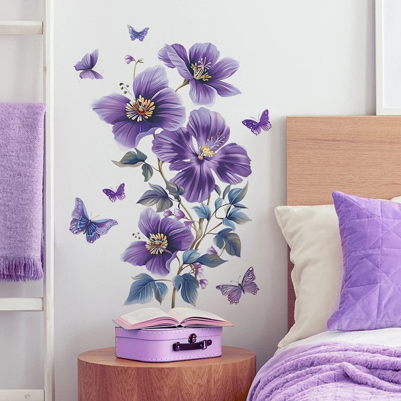 autocollants muraux papillons fleurs violets bleus dorés décoration intérieure réaliste chambre salon