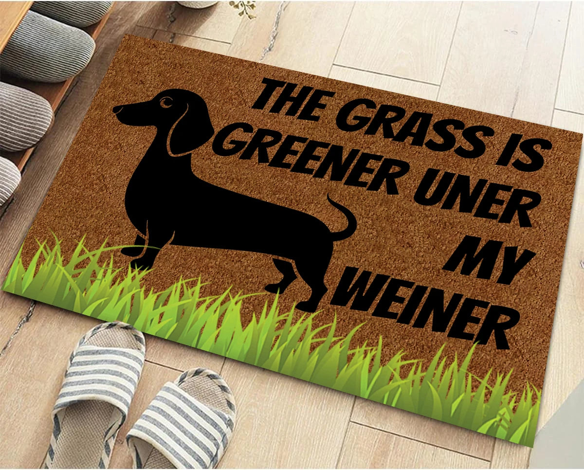tapis d'entrée caoutchouc imperméable antidérapant silhouette chien humour herbe verte extérieur indoor