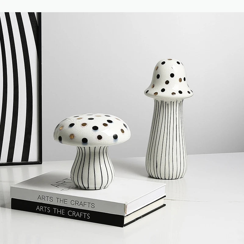 décoration intérieure moderne statue champignon peint rayures pois or blanc noirscrição abstraite contemporaine