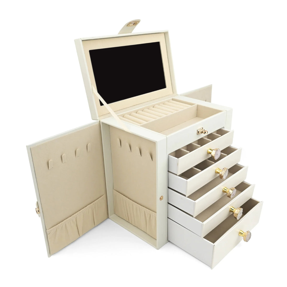 boîte bijoux simili cuir moderne noir rose blanc poignées métalliques rangements multiples velours intérieur