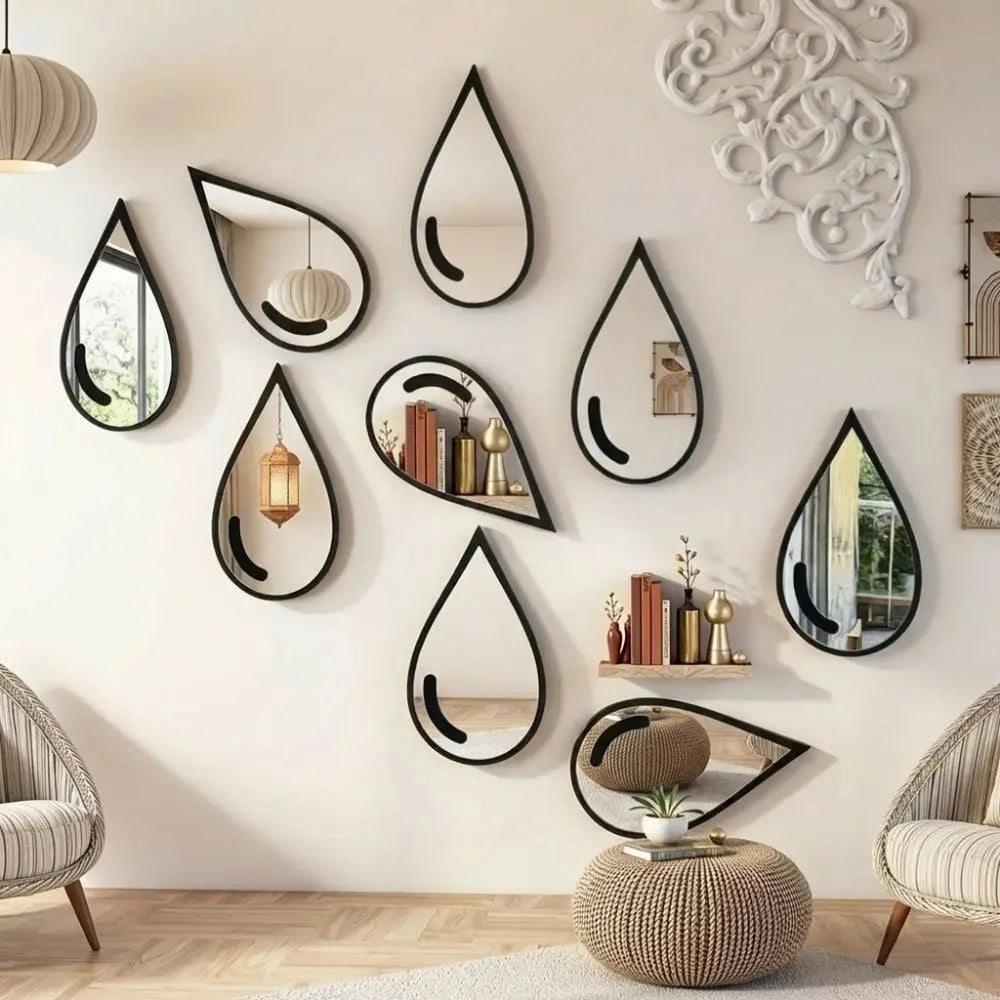 miroirs goutte d'eau noirs modernes fixer mur imperméables 15cmx9cm set