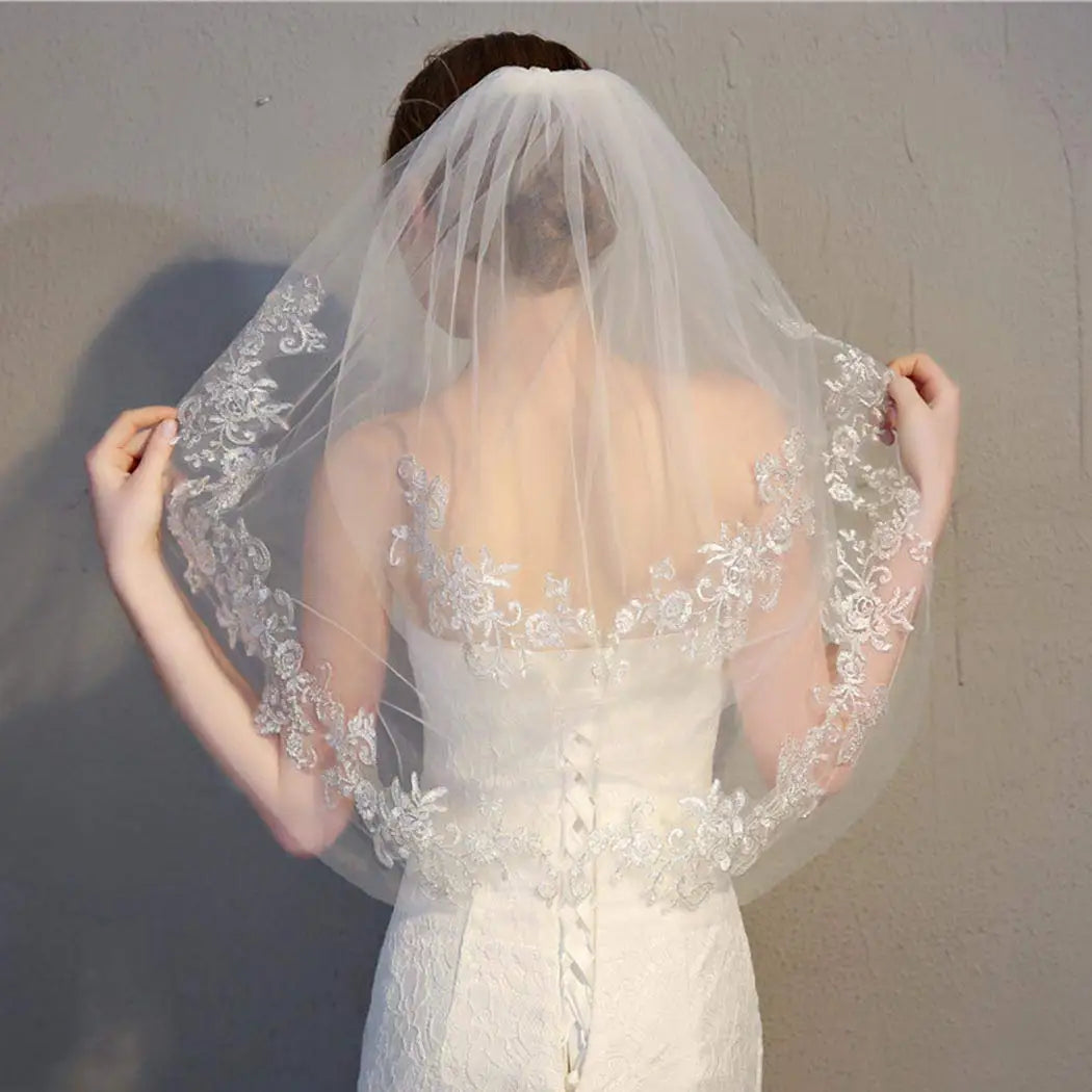 voile mariée dentelle florale deux couches transparent robe élégante romantique bord appliqué tulle doux