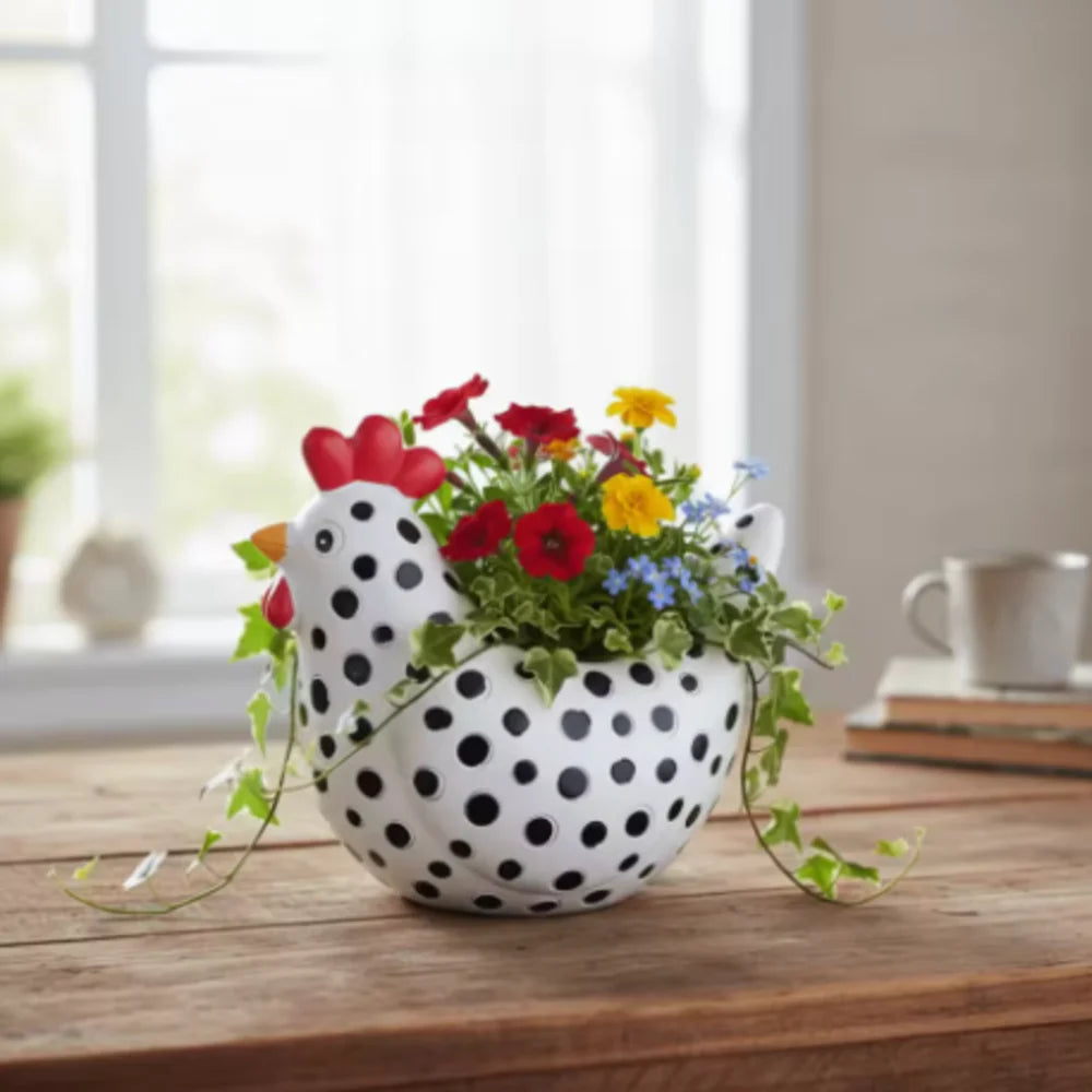 pots fleurs forme poule motifs pois noirs succulentes géraniums lavande rustiqueextérieur jardin