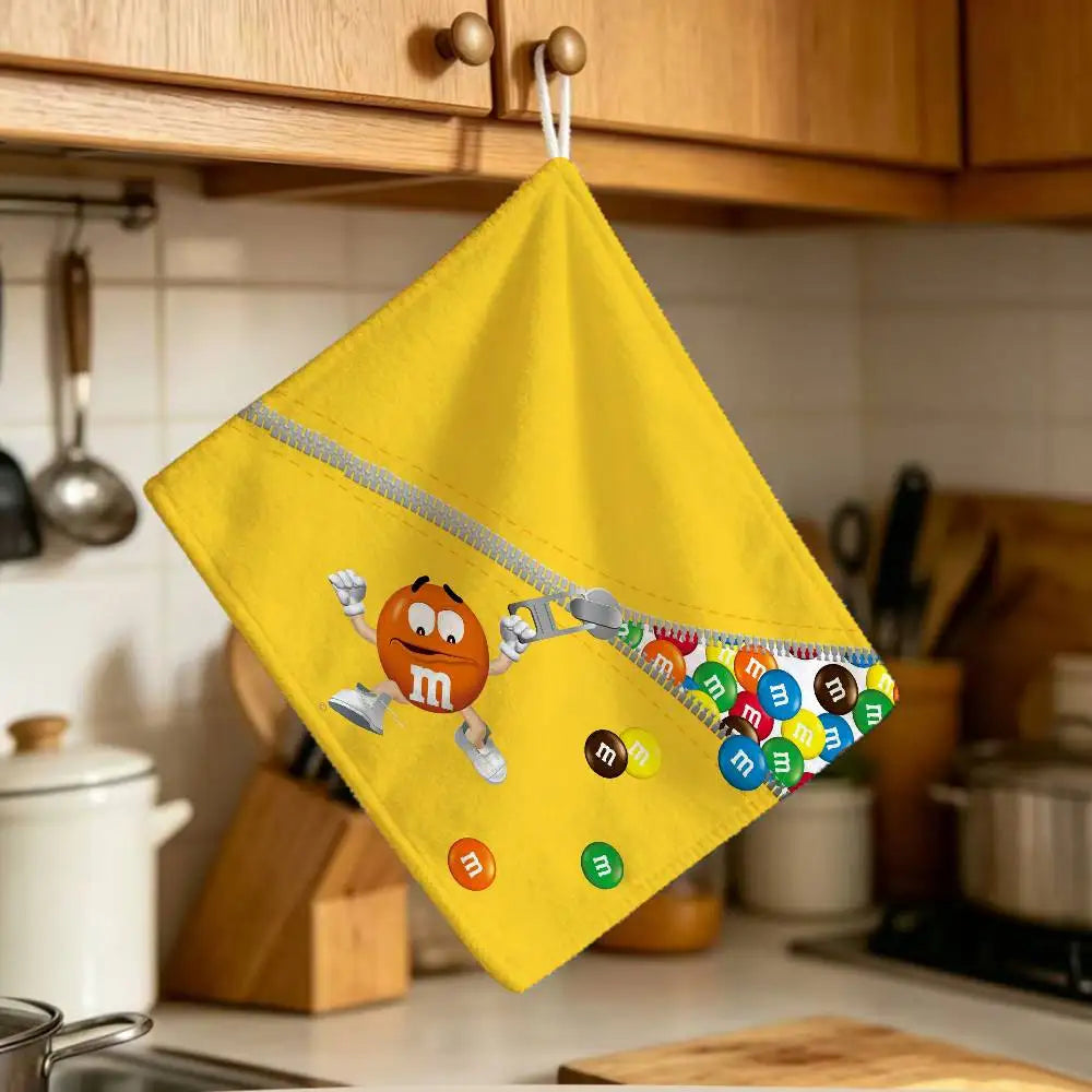 serviette cuisine jaune rouge bleu orange souriante logo moderne polyester jacquard