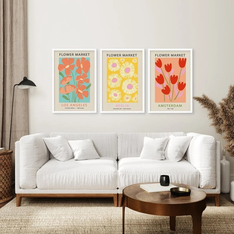 decoration murale moderne affiches fleurs stylisees Los Angeles Berlin Amsterdam chambre salon
