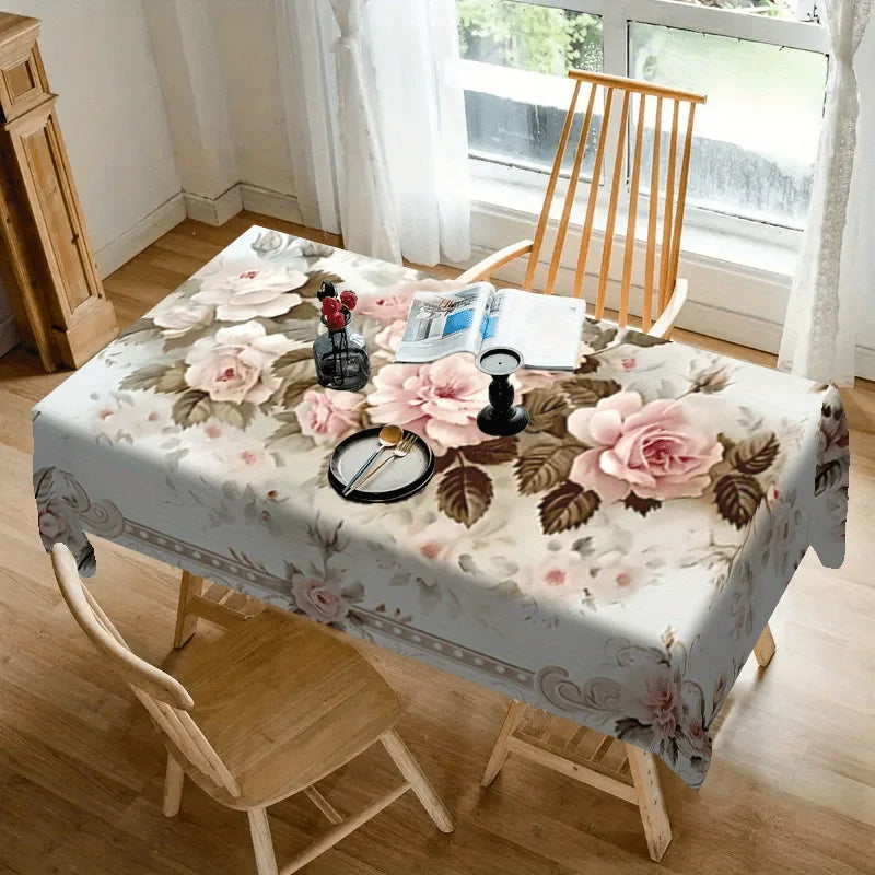 nappe table fleurs roses feuilles vertes blanc classique réutilisable polyester maison printemps