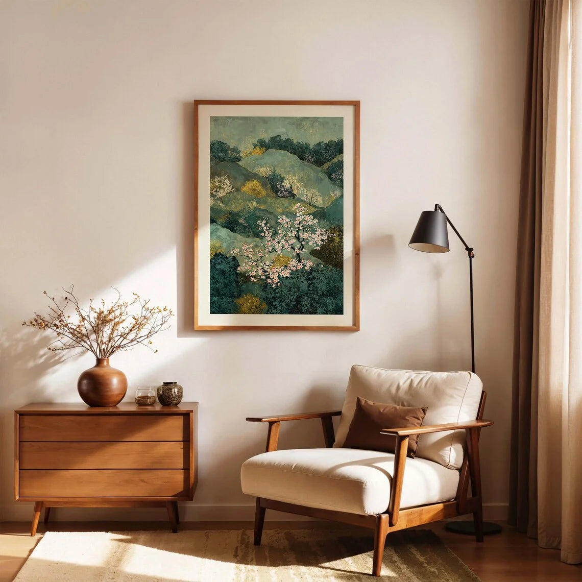 affiche paysagère artiste montagneuses fleurs blanches verte opaquement cadre bois chambre salon decoration vertical
