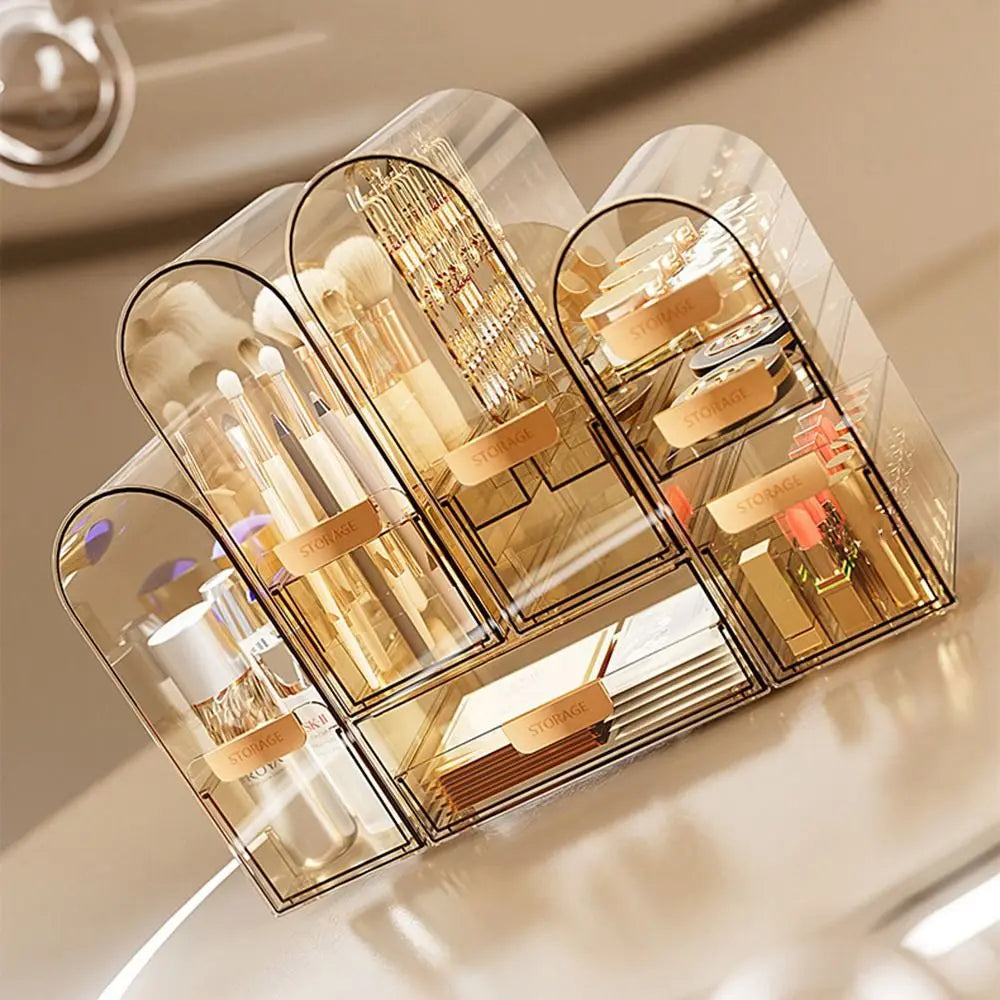 boîtes rangement cosmétique marron clair transparentes compartiments modernes pinceaux maquillage crèmes boucles d'oreilles masques