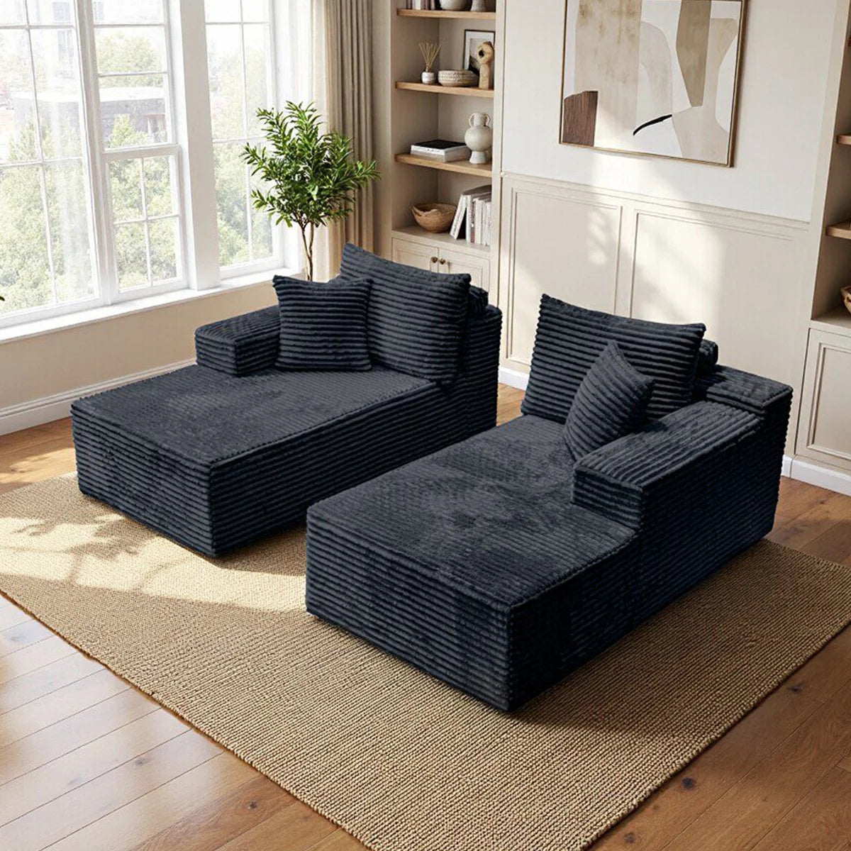 canapé modulaire velours côtelé gris foncé moderne salon confortable fixations coussins