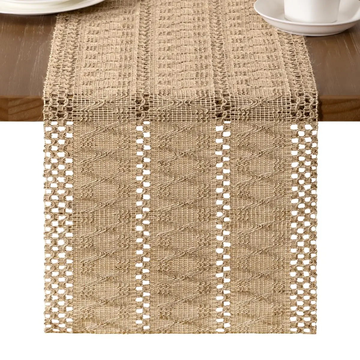 chambre coucher salon chemin table jute tissu rustique géométrique beige clair grande table