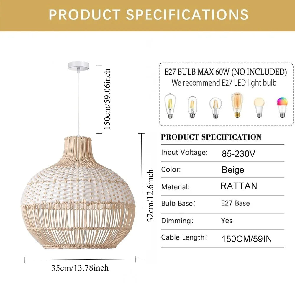 suspension rotin moderne câble suspendu lumière led 35cm beige tissage régulier