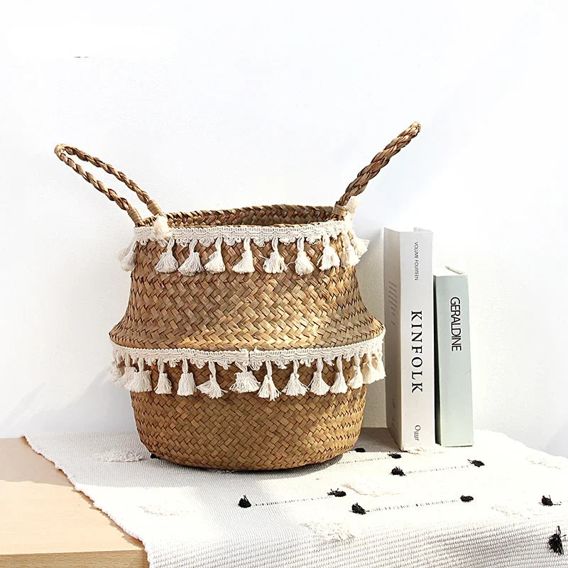 panier tissé paille naturelle boho blanc pompons poignées corde rangement