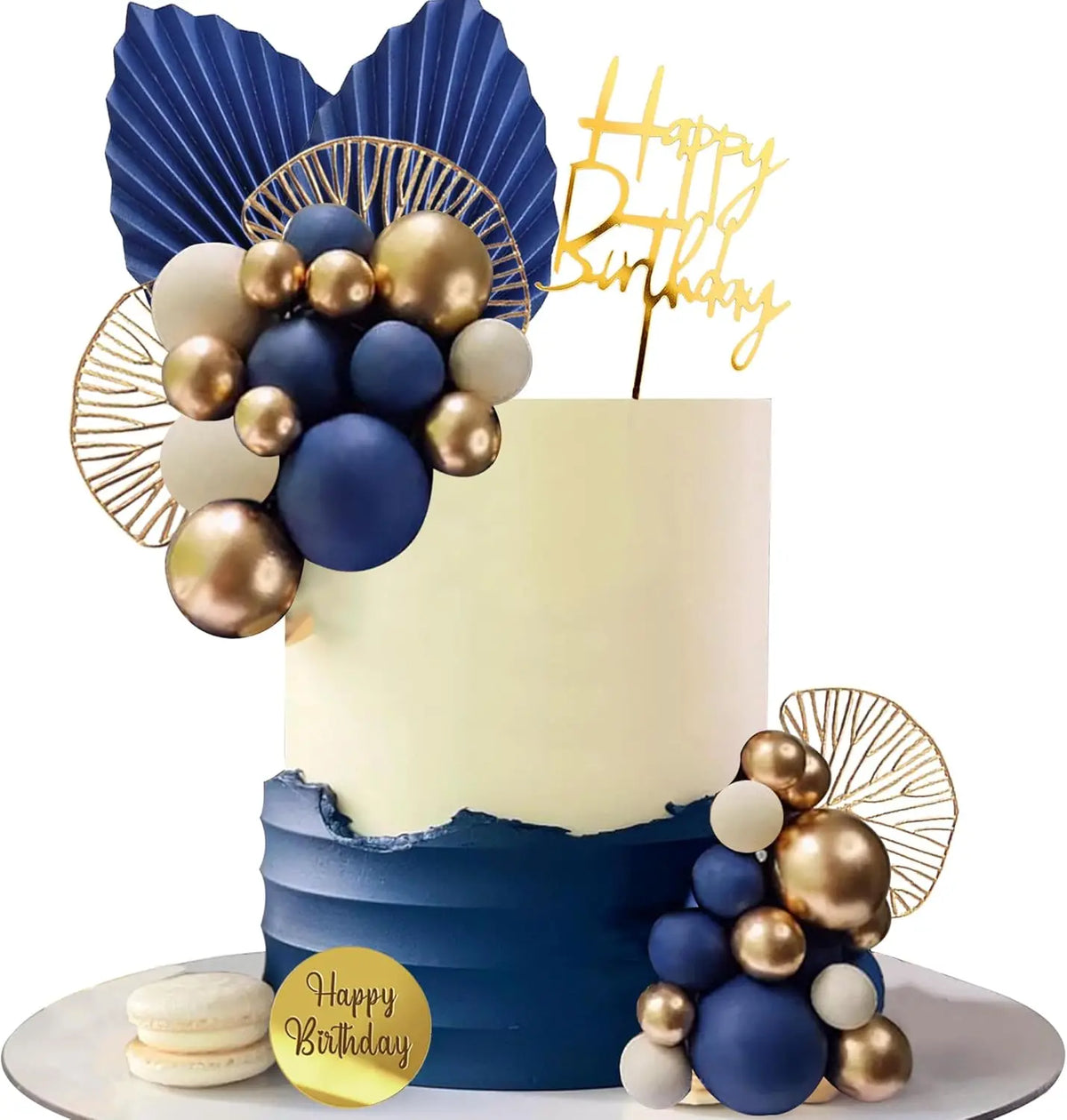 décorations gâteau doré blanc bleu moderne cercles feuilles textes anniversaire mariage baptême