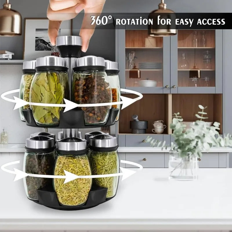 ensemble pots épices rotatifs moderne noir transparent verre organisation cuisine efficace
