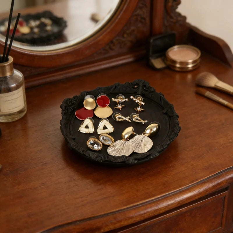 plateau bijoux floral sculpté noir or vintage gothique décoration chambre coiffeuse organisateur textile tissu