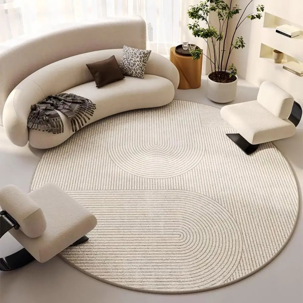 tapis rond beige clair flanelle motif géométrique moderne salon chambre intérieur doux imperméable