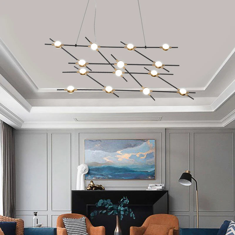 suspension lumineuse moderne noir doré géométrique sphères blanches câbles suspendus chambre salon