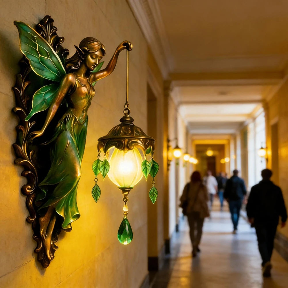 lampe murale mythologique sculptée personnages feuilles verre translucide bronze verte decorative fantastique