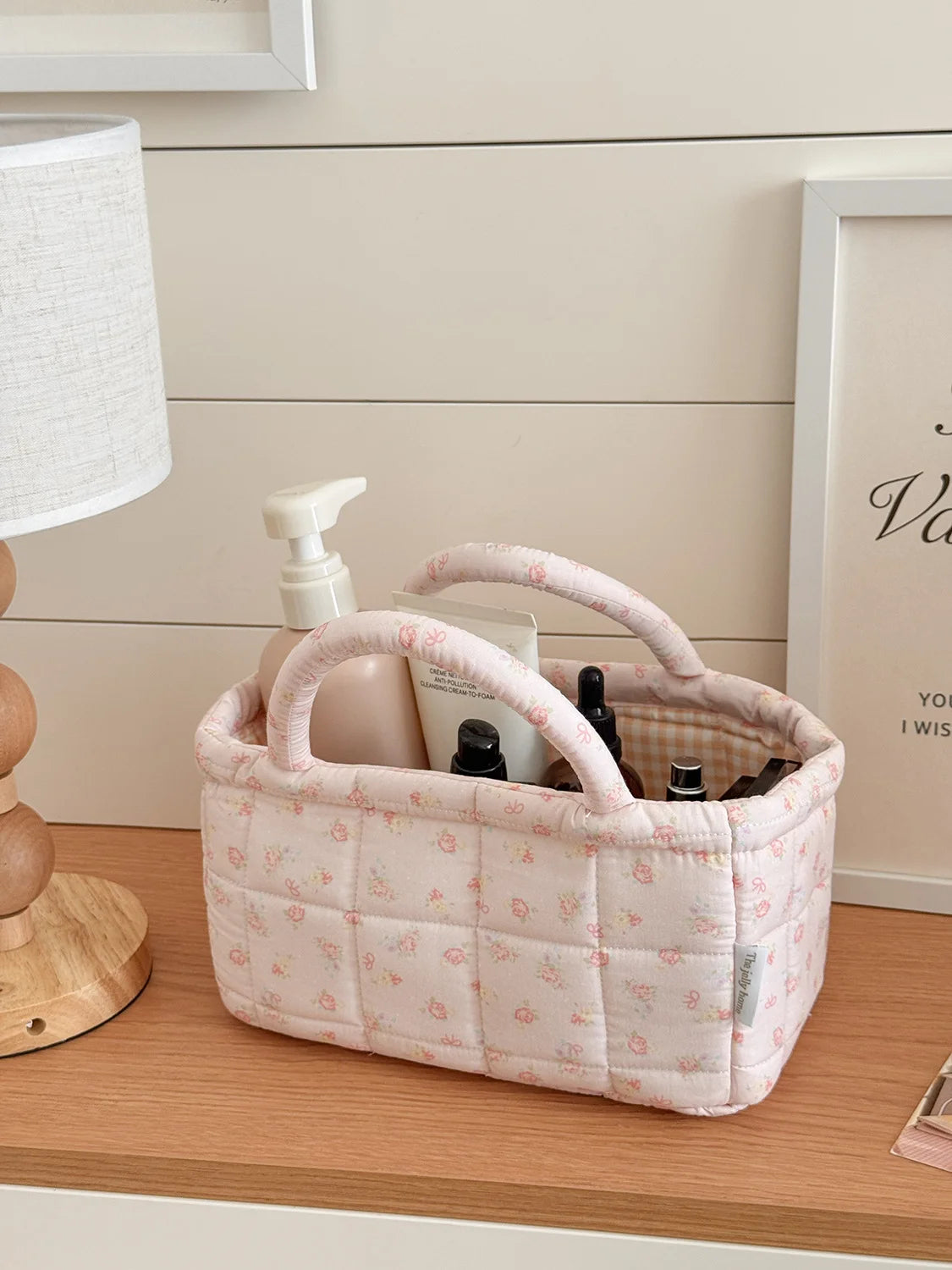 panier rangement matelassé floral rose blanc doux cosmétiques maquillage portable vintage