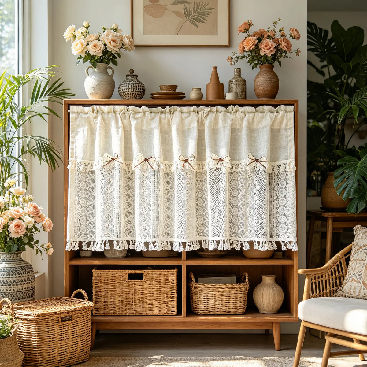 rideau bohème dentelle beige vintage rustique opacité farmhouse décor fenêtre cuisine