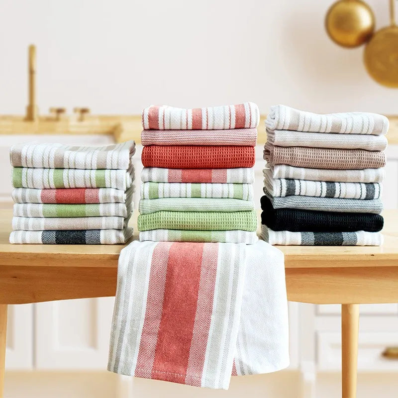 serviettes cuisine rouge vert blanc beige noir rayures horizontales absorption coton rapide moderne pack