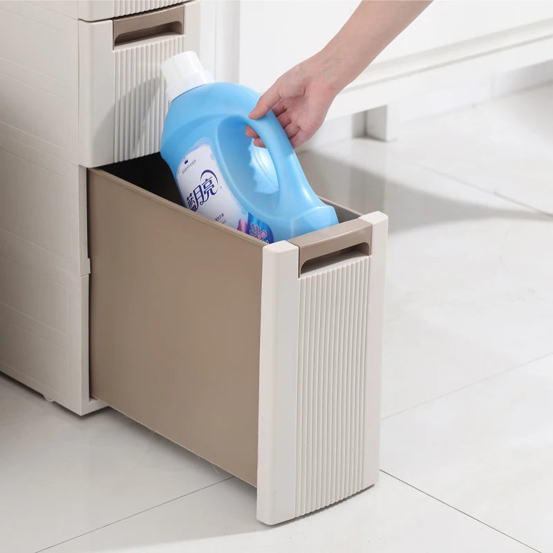 rangements salle bain meuble storage vertical cinq étages tiroirs amovible moderne lignes verticales opaque