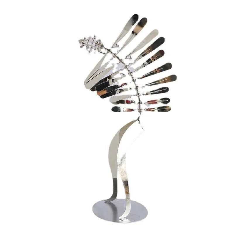 sculpture métal moderne silhouette humaine plumes argentées décoration extérieure éolienne rotation auto alimentée jardin