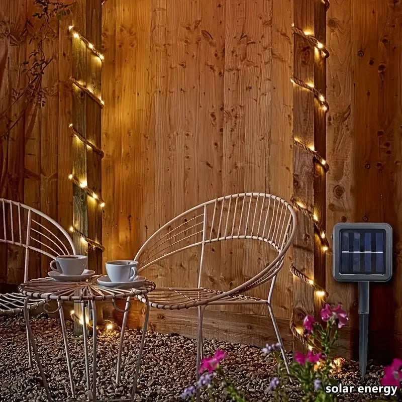 guirlande lumineuse solaire corde tressée led jaune banc bois panneau solaire noir jardin décorationextérieur