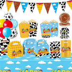 boîtes bonbons vache nuages assiettes jetables sacs cadeaux guirlande thème anniversaire ballons cowboys