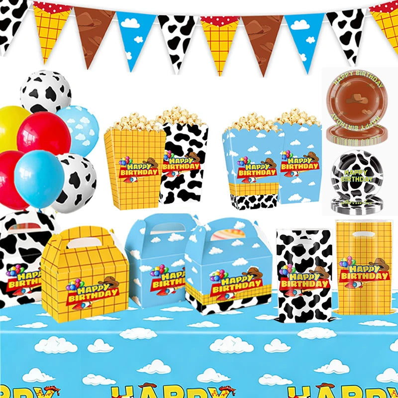 boîtes bonbons vache nuages assiettes jetables sacs cadeaux guirlande thème anniversaire ballons cowboys