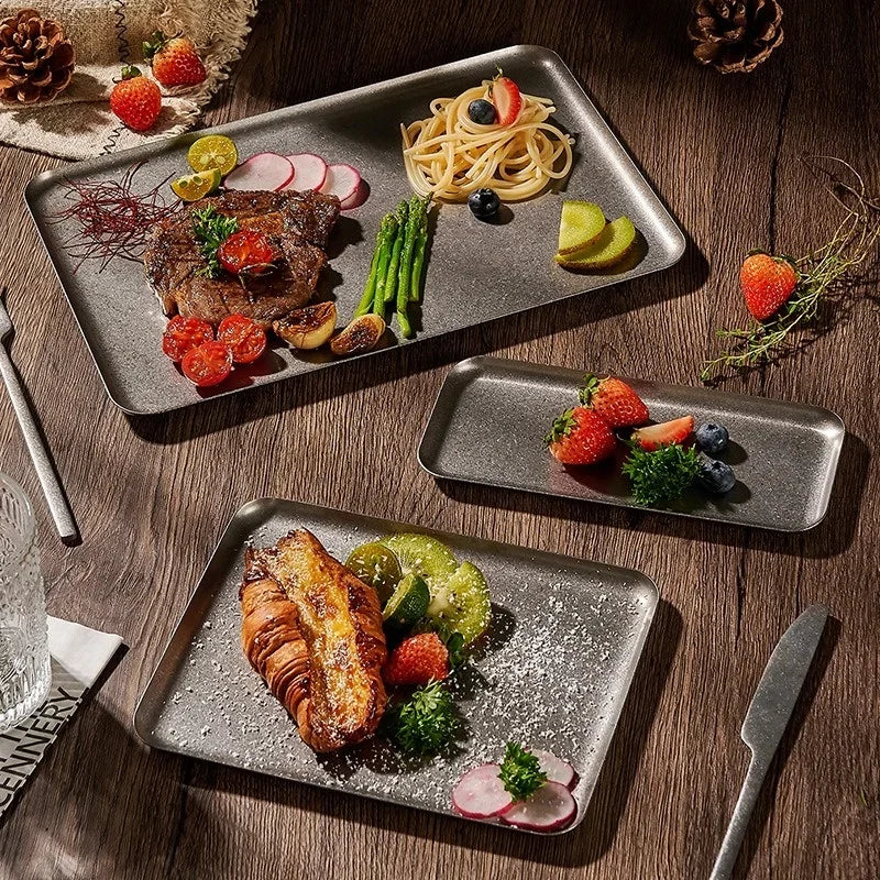 assiettes rectangulaires acier inoxydable gris métallisé moderne plateau light electroplate