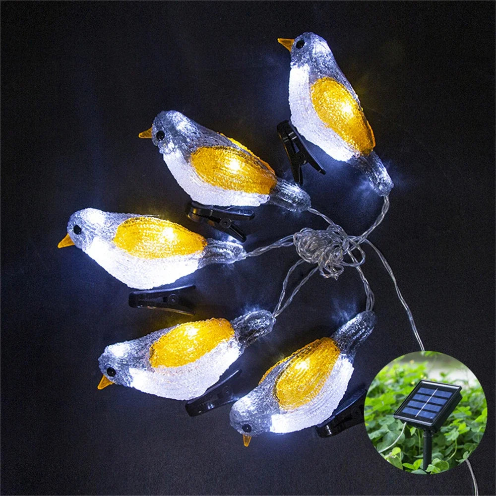 guirlande oiseaux bleu doré lumineuse clips solaire usb led jardin festive